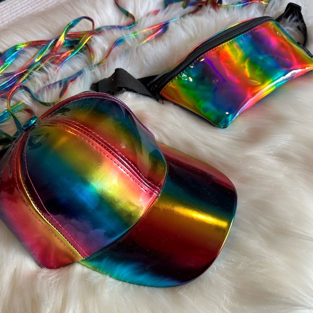 Rave Festival Pride Rainbow Oil Slick Lot - Hat Fanny Pack Leg Wraps Garters